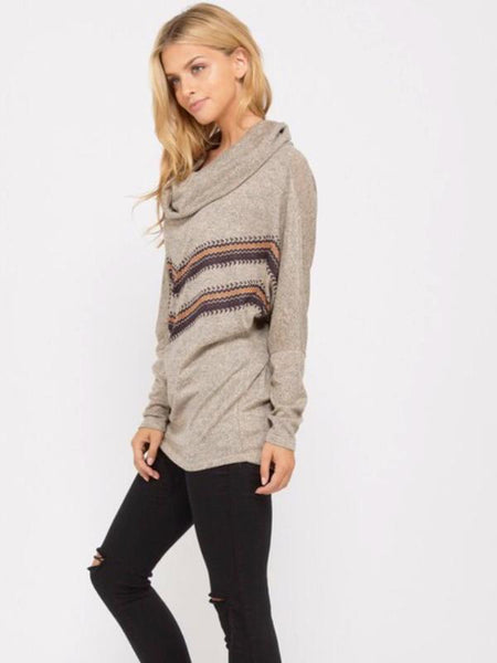 Taupe Long Sleeve Cowl Neck Tunic Top - The Pointe Boutique