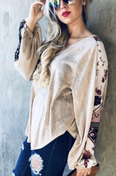 Taupe V Neck Floral Sleeve Top - The Pointe Boutique