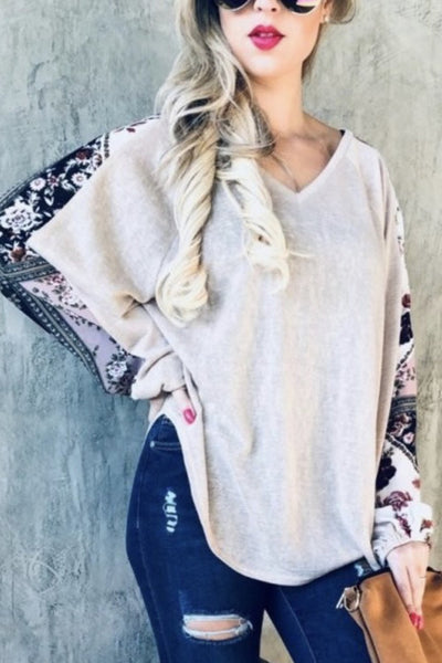 Taupe V Neck Floral Sleeve Top - The Pointe Boutique