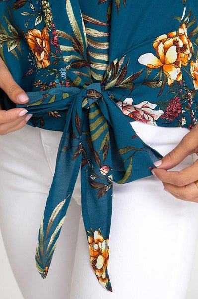 Teal Sleeveless Surplice Woven Floral Print Top - The Pointe Boutique