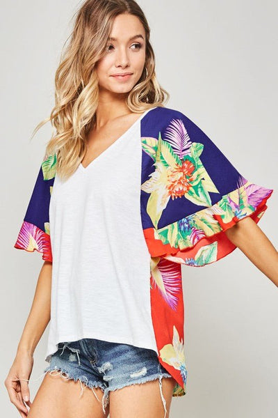 Tropical Floral Colorblock Flutter Sleeve Top - The Pointe Boutique