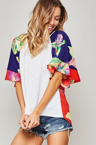 Tropical Floral Colorblock Flutter Sleeve Top - The Pointe Boutique