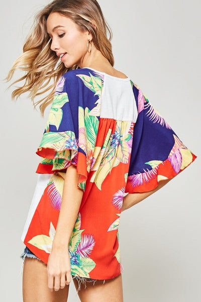 Tropical Floral Colorblock Flutter Sleeve Top - The Pointe Boutique