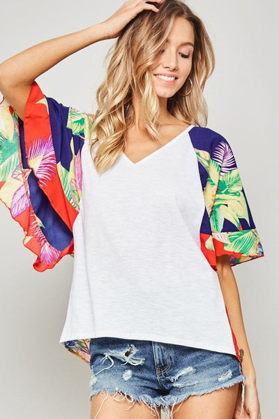 Tropical Floral Colorblock Flutter Sleeve Top - The Pointe Boutique