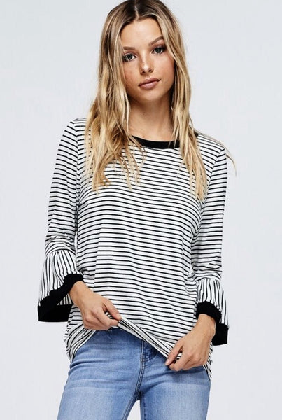White Bell Sleeve Stripe Knit Top - The Pointe Boutique