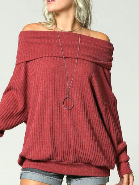 Wine Ribbed Knit Pullover Long Sleeve Off Shoulder Top - The Pointe Boutique