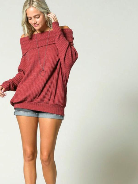 Wine Ribbed Knit Pullover Long Sleeve Off Shoulder Top - The Pointe Boutique