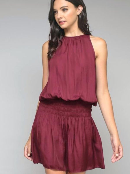 Wine Smocked Waist Mini Dress - The Pointe Boutique