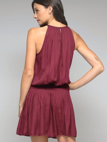 Wine Smocked Waist Mini Dress - The Pointe Boutique