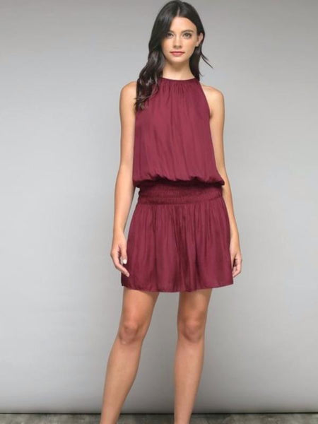 Wine Smocked Waist Mini Dress - The Pointe Boutique