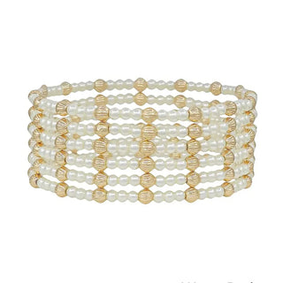 set of 6 4mm and 3mm gold and pearl beaded stretch bracelets water resistant