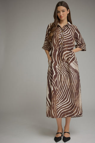 The Flora Zebra Print Dress – brown and cream zebra print maxi shirt dress