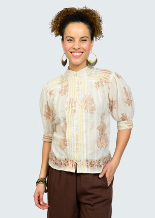 Metallic Trim Paisley Top in Ivory - button front blouse with gold trim
