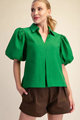 The Amanda Sue V Neck Pleated Peplum Top – kelly green textured collared top, V neck, puff short sleeves, front pleat