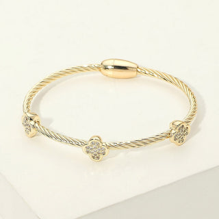 14K Gold Plated Two Tone Cz Pave Quatrefoil Bezel Station Twisted Cable Magnetic Bracelet - The Pointe Boutique