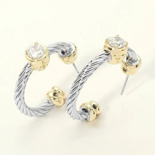 14K Gold Plated Two Tone Round Cz Stone Bezel Accent Twisted Hoop Earrings - The Pointe Boutique