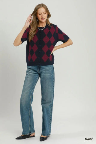 Argyle Button Front Short Sleeve Knit Cardigan - Navy - The Pointe Boutique