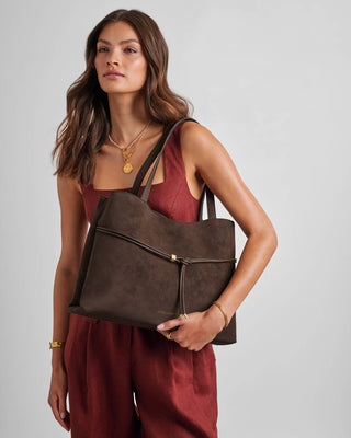 Lori Tote Bag-Bitter Chocolate Suedette – chocolate suedette tote bag