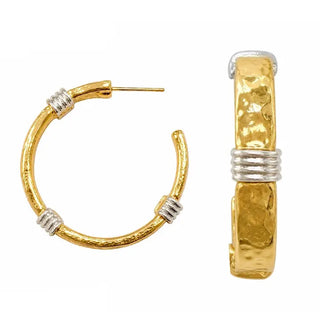 gold hammered hoop with silver wrapping 1.5" earring