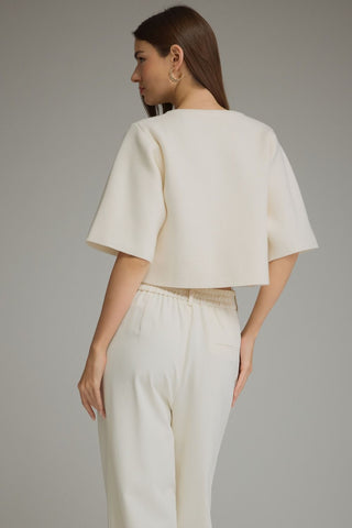 Cropped Short Sleeve Jacket - Cream, back - The Pointe Boutique