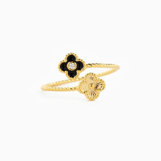 Adjustable gold-tone clover wrap ring with black enamel clover and CZ center