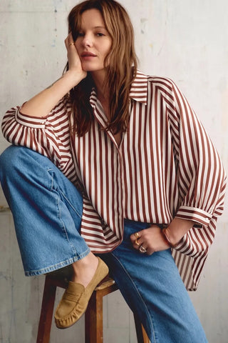 The Annie Lee Burgundy Stripe Top – burgundy and cream stripe oversized button-up shirt, long sleeves