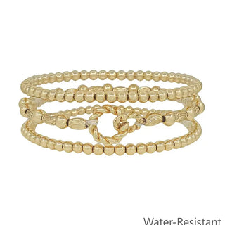 set of 3 gold oval beaded link bracelet water resistant