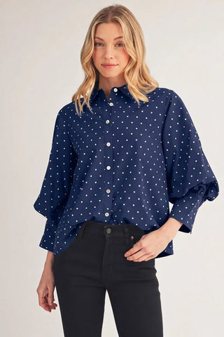 The Bristol Navy Polka Dot Top with bishop sleeves - The Pointe Boutique