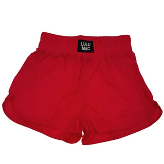 Lulu Red OG Shorts – red boxer shorts with a Lulu Mac label