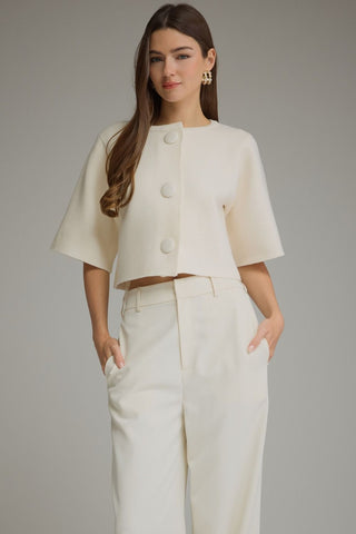 Cropped Short Sleeve Jacket - Cream, front - The Pointe Boutique