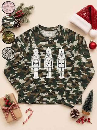 Camo long sleeve Christmas shirt with three white glitter nutcrackers - The Pointe Boutique