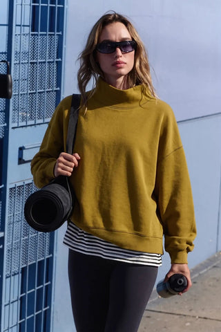 The Amy Olive Pullover Sweatshirt – mustard olive mock neck sweatshirt, relaxed fit