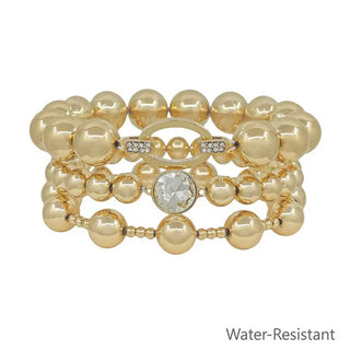 set of 3 oval gold beaded stretch bracelets water resistant