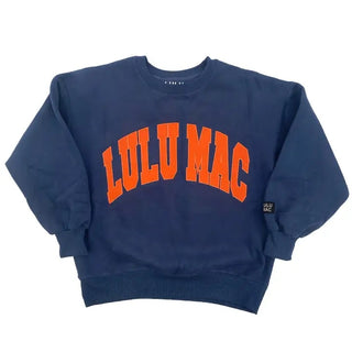 Lulu Navy/Orange Sweatshirt – navy crew neck sweatshirt with orange "Lulu Mac" lettering