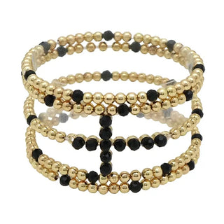 gold beaded and black cross set of 5 stretch bracelets