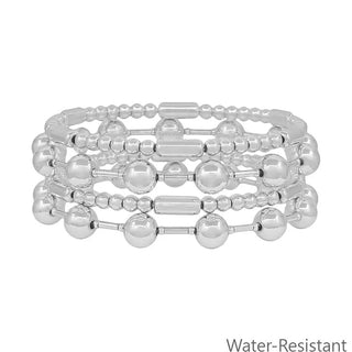 set of 4 8mm silver beaded and bar stretch bracelets water resistant