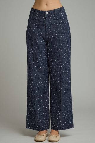 The Rosalie Polka Dot Denim Pants – dark denim wide leg pants with a tiny polka dot print