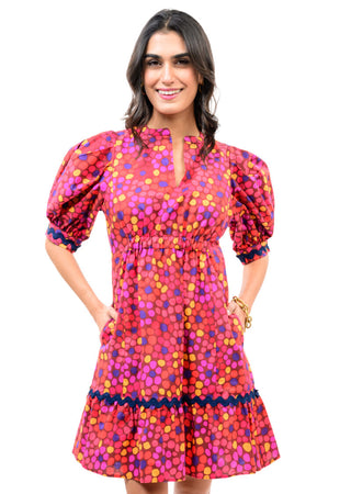 Georgia Multi Dot Dress – hot pink multi dot dress with puff sleeves and ric rac trim tiered hem
