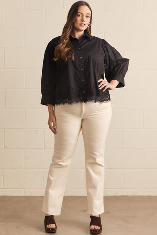 The Bristol Lace Top - Black – black button-up blouse with lace trim hem, collar, 3/4 sleeves