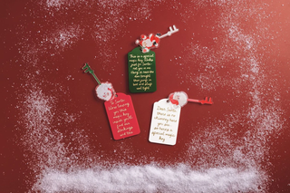 red Santa sentiment keys with tags