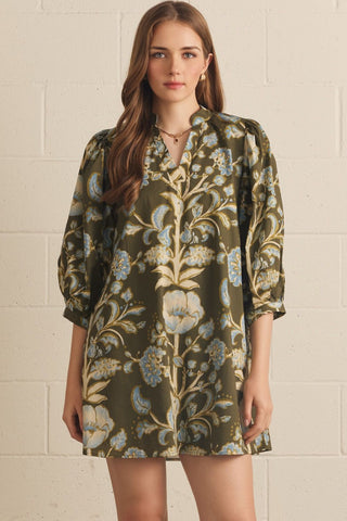 The Lucille Dress – olive and cream damask print babydoll dress with long balloon sleeves