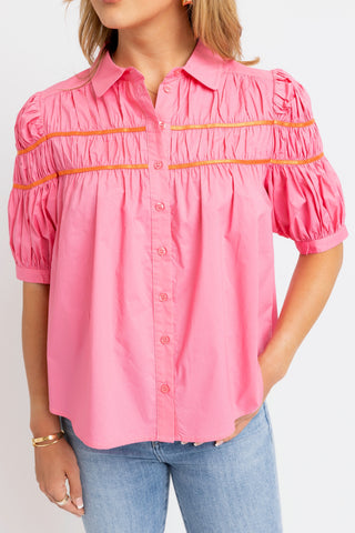 Poplin Top Solid Bubble Gum – bubble gum pink poplin collared button-up top, smocked ruched yoke with orange trim, puff short sleeves