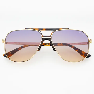 gold aviator sunglasses with lavender to peach gradient lenses