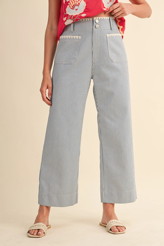 Blue Stripe Cotton Twill Pants – blue and white stripe wide leg cotton twill pants