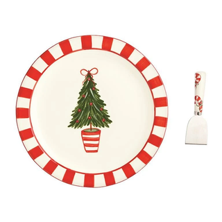 tree topiary cookie plate with red striped rim and spreader