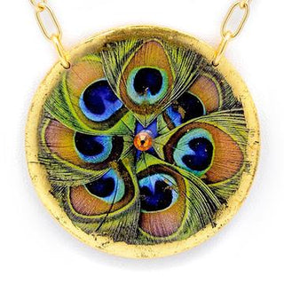 peacock feather disc pendant in gold