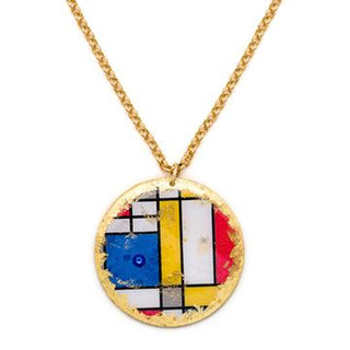 Mondrian style disc pendant necklace on gold chain