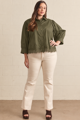 The Bristol Lace Top - Martini Olive – olive green button-up blouse with lace trim hem, collar, 3/4 sleeves