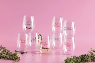 set of stemless wine cups with Christmas illustrations