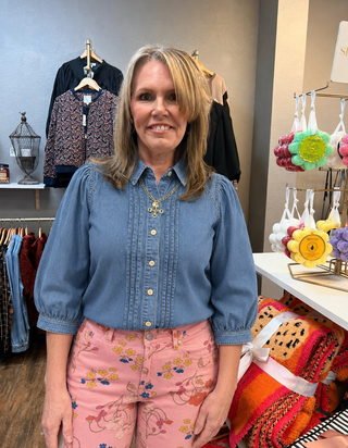 Aria Mae Light Denim Top – light wash denim button-front top, pintuck front detail, collar, puff 3/4 sleeves